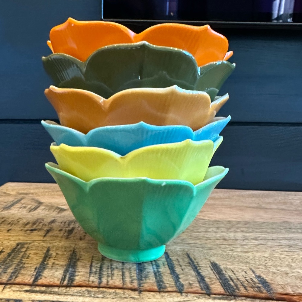 Vintage Lotus Flower Japanese Rice Bowls S/6